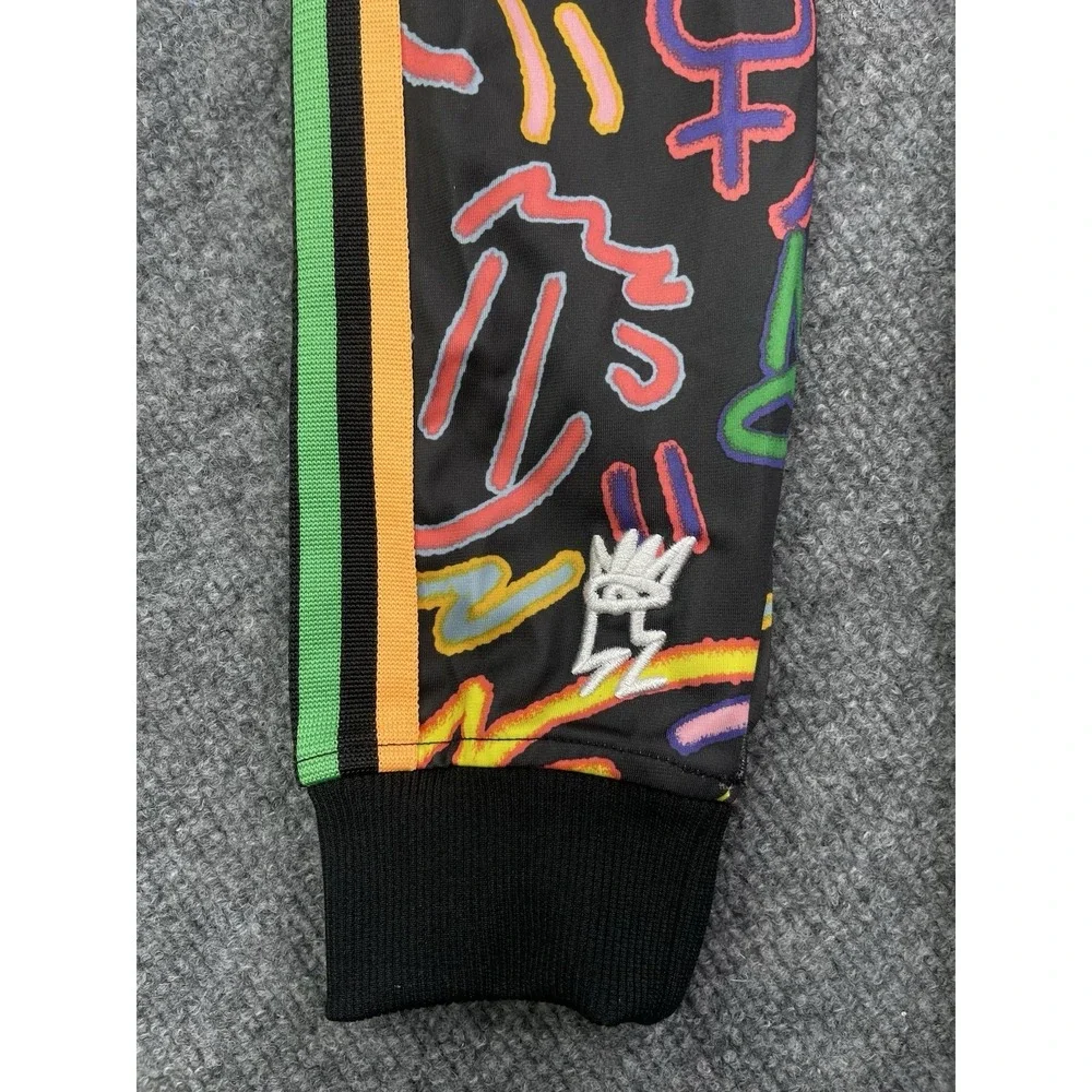 Adidas Track Jacket Youth Large Black Graffiti Print Neon‎ Full Zip